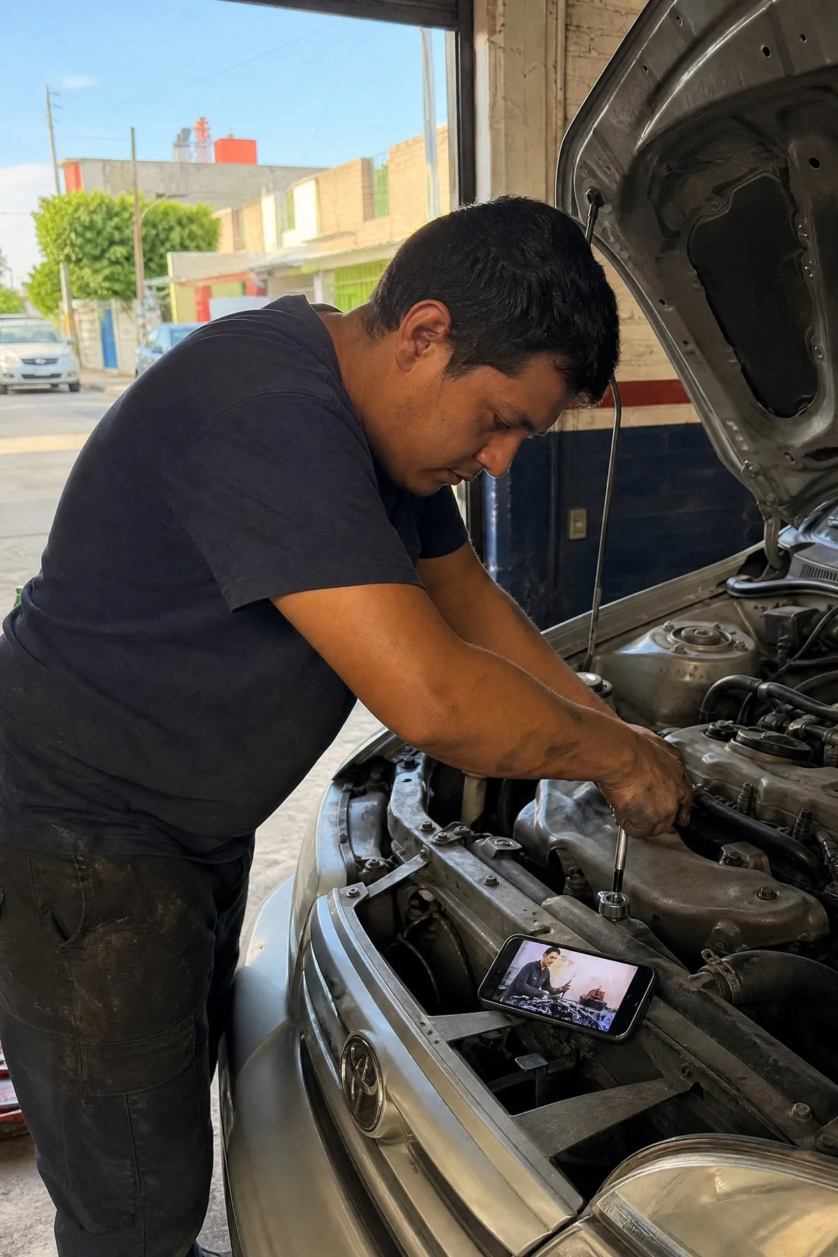 Alumno trabajando en un auto mientras sigue una clase en el celular