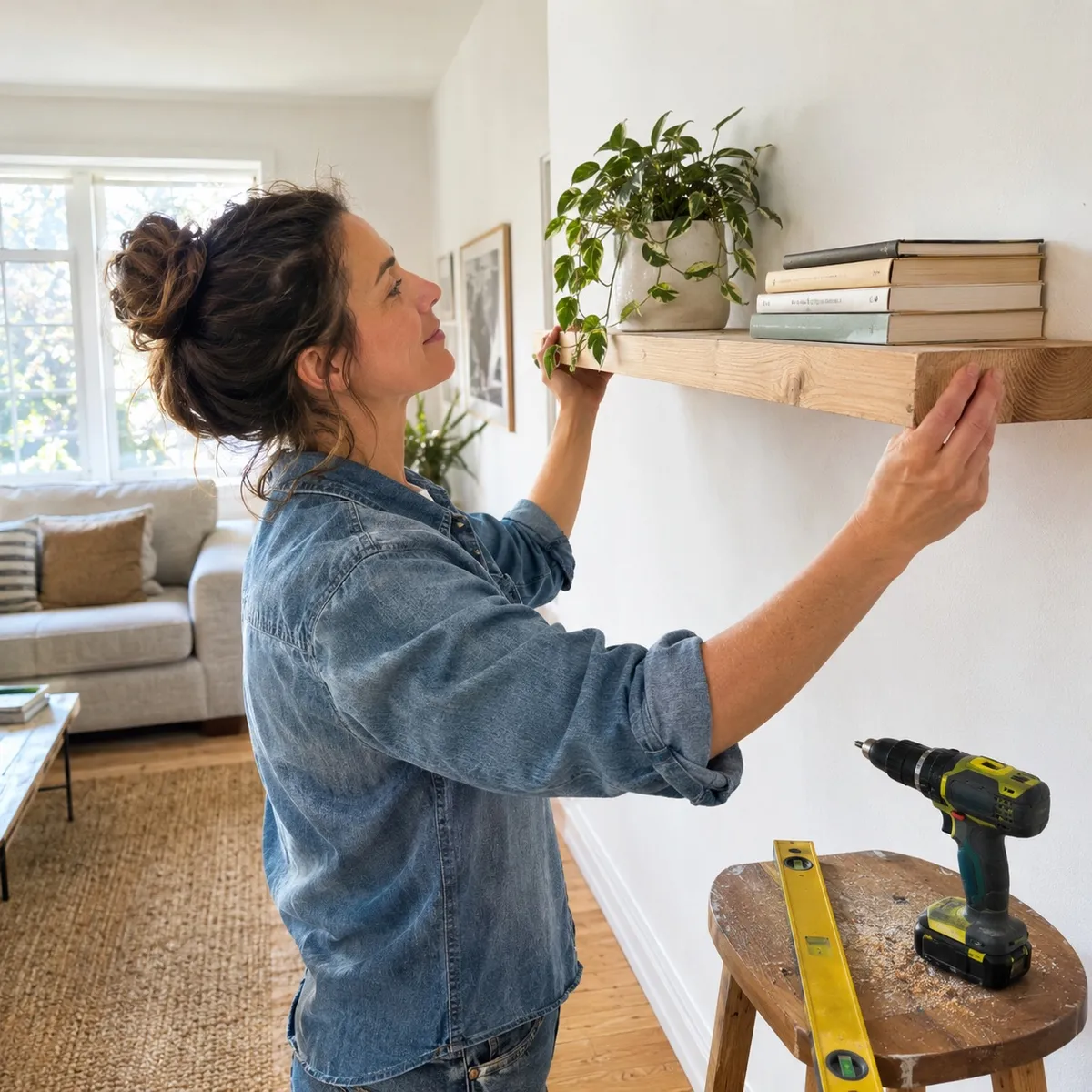 Woman hanging a handmade wooden shelf
