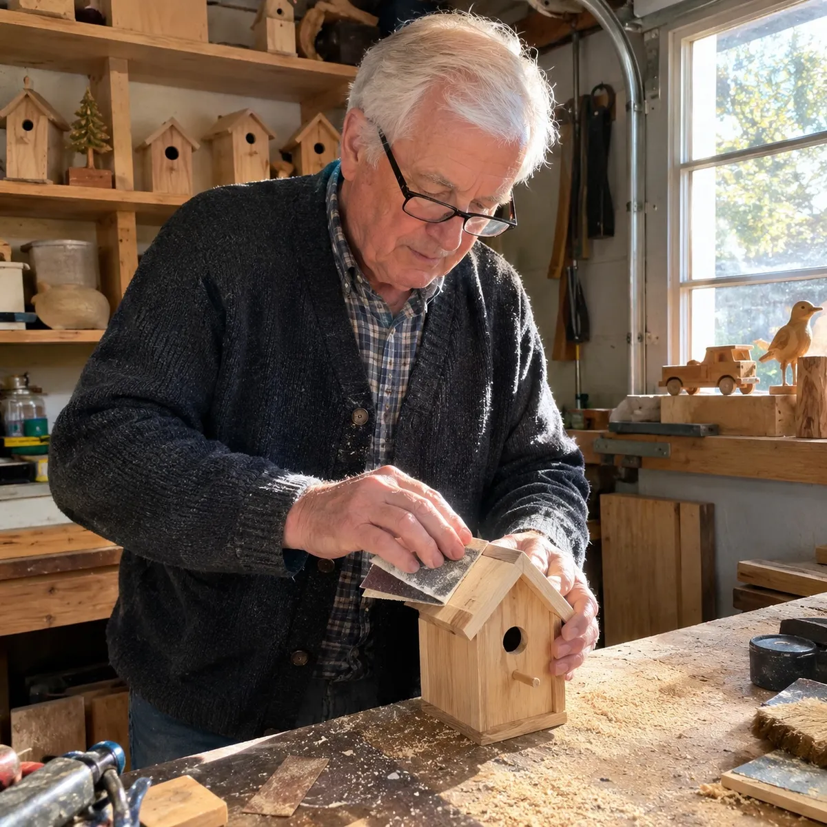 Retired man sanding a wooden piece at his workbench