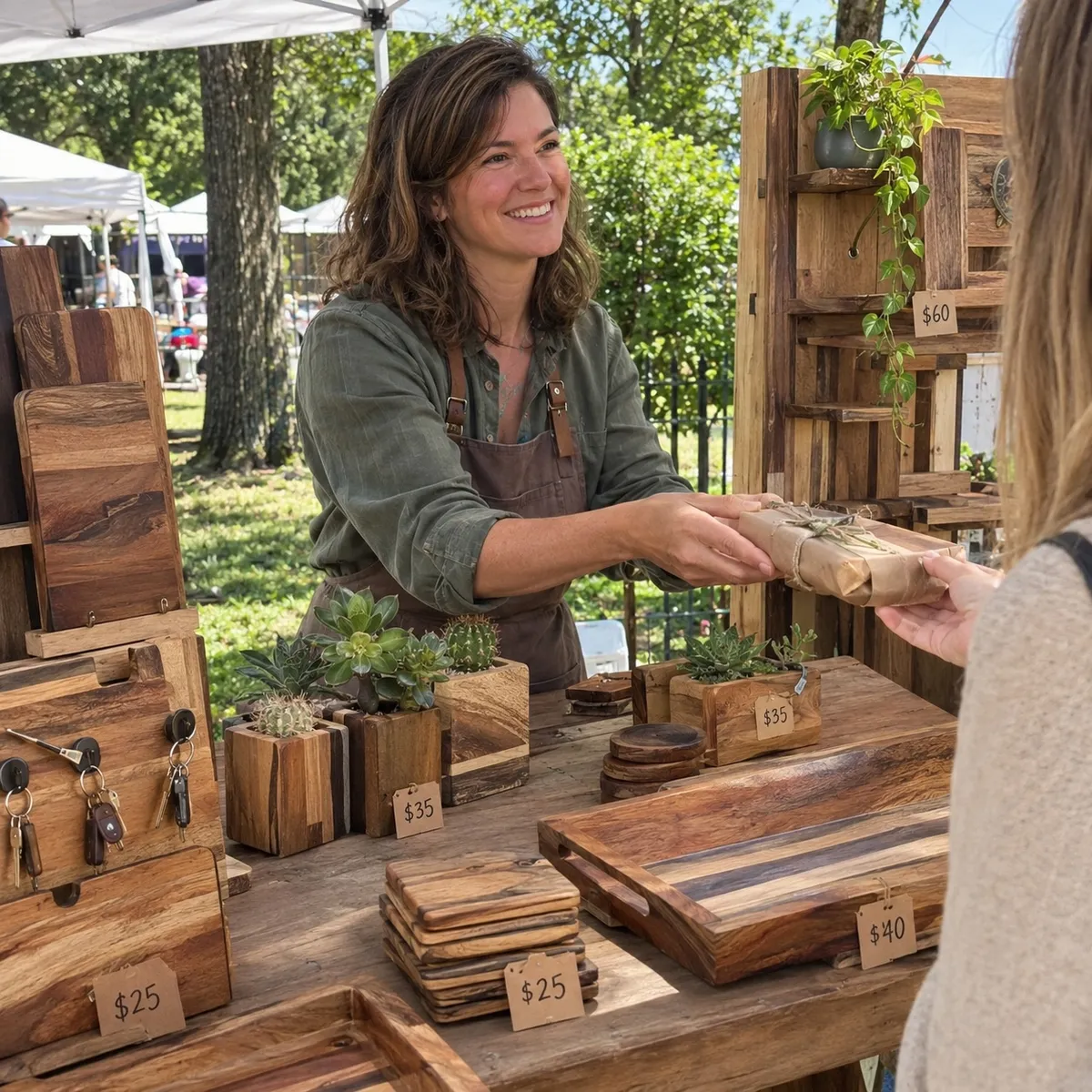 Craft market table with handmade wooden products