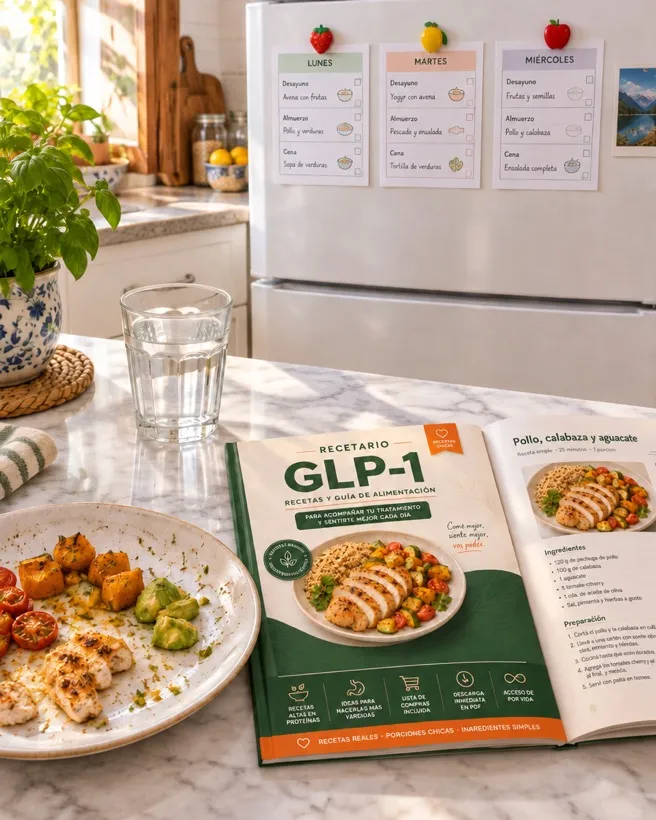 Después: cocina ordenada, plato pequeño terminado y el menú en el refrigerador