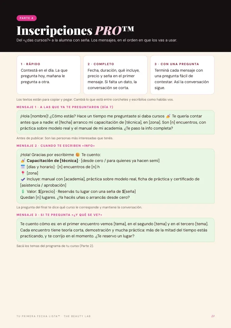 Página de los mensajes de WhatsApp para inscripciones
