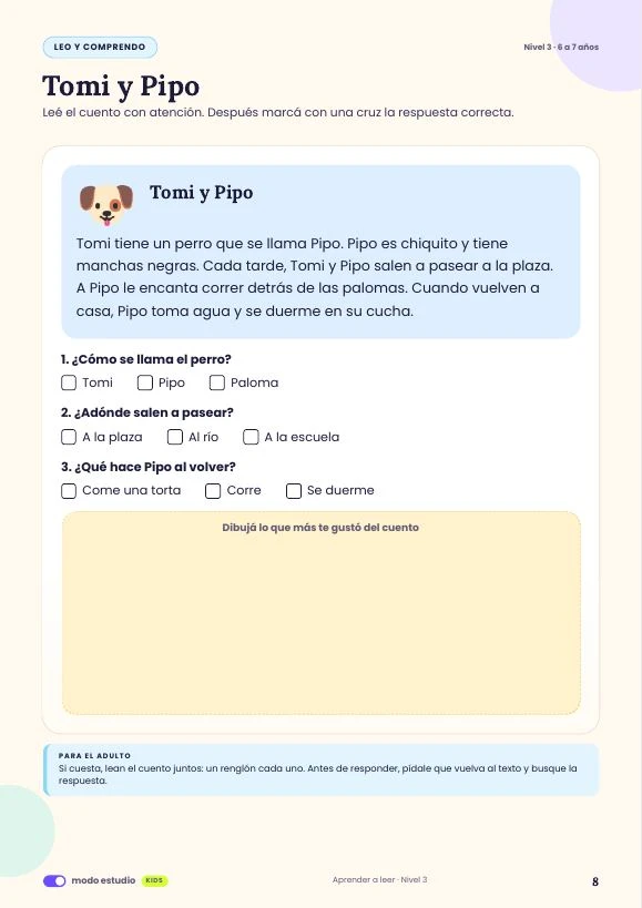 Hoja de lectura y comprensión