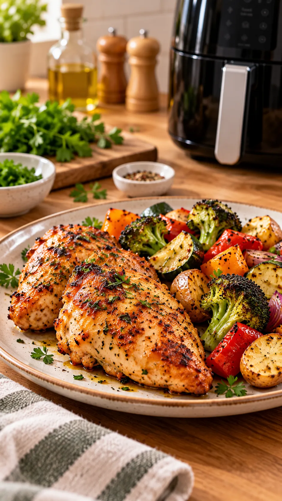 Pollo con verduras preparado en airfryer