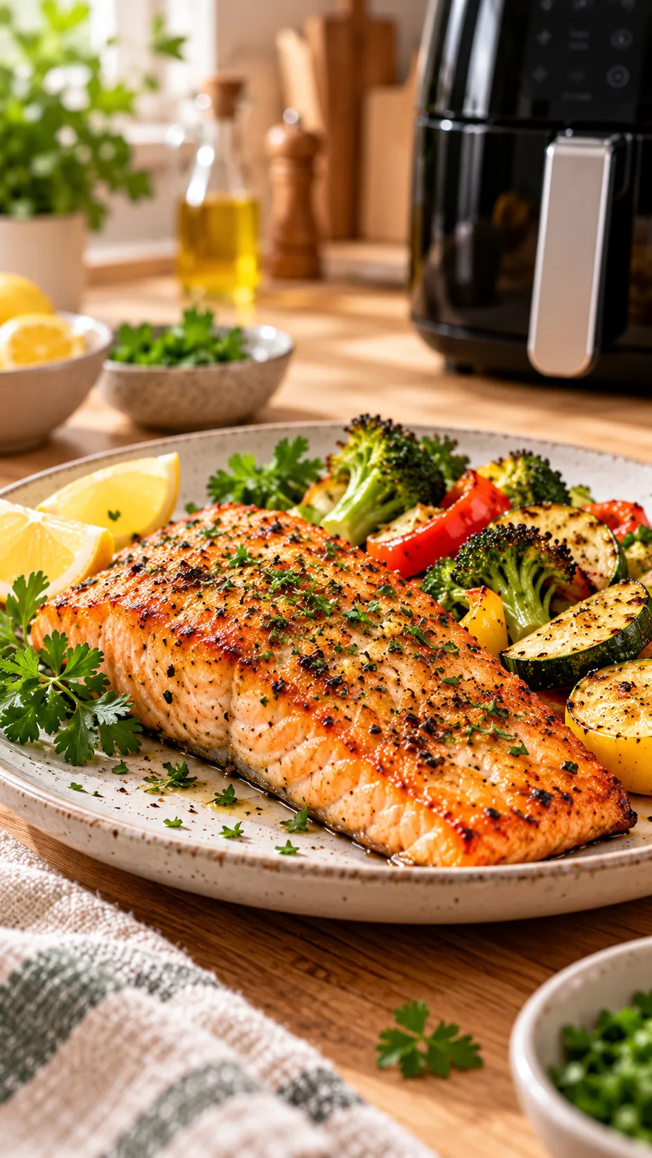 Salmón con verduras preparado en airfryer