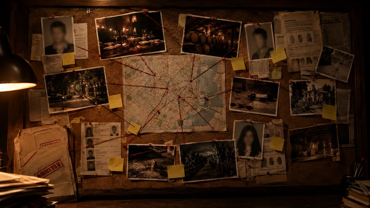 Tablero de investigación con fotos, mapa y pistas