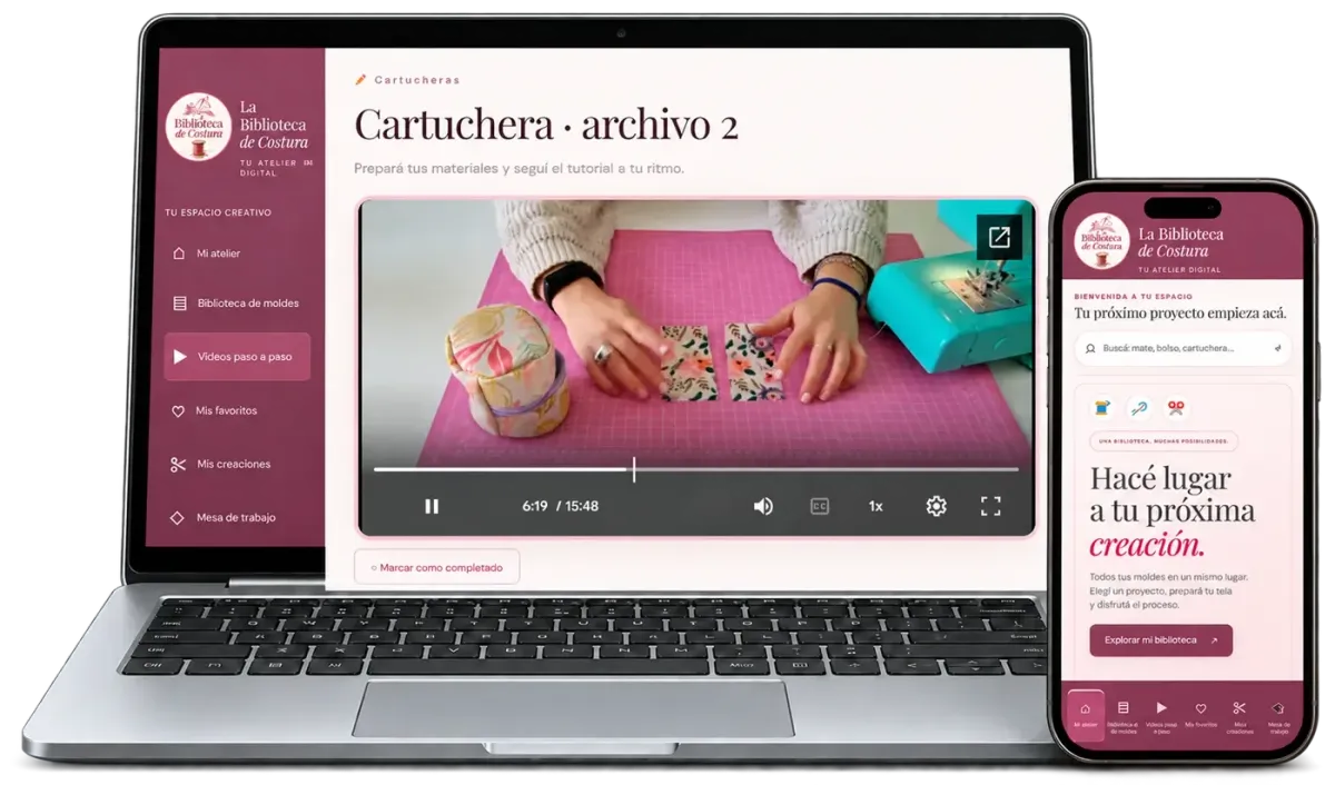 Notebook mostrando la clase de cartuchera en video y celular con la biblioteca de costura
