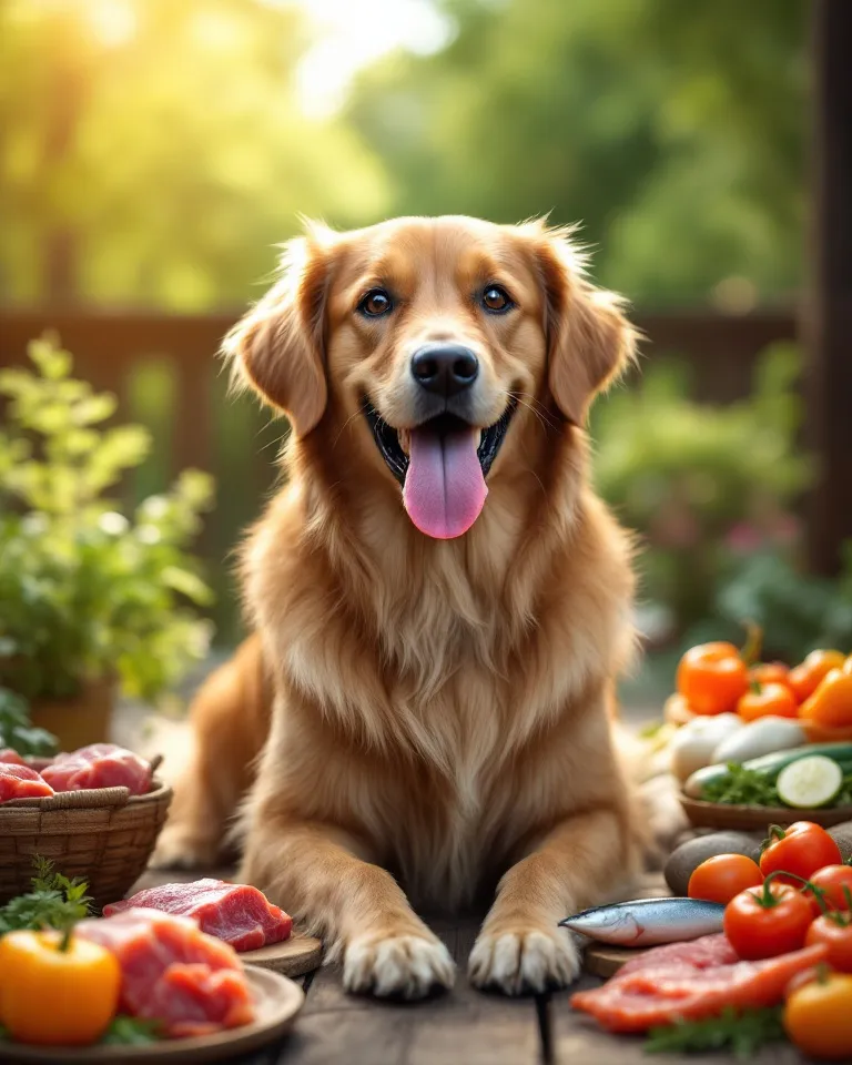 Perro junto a su plato de comida natural
