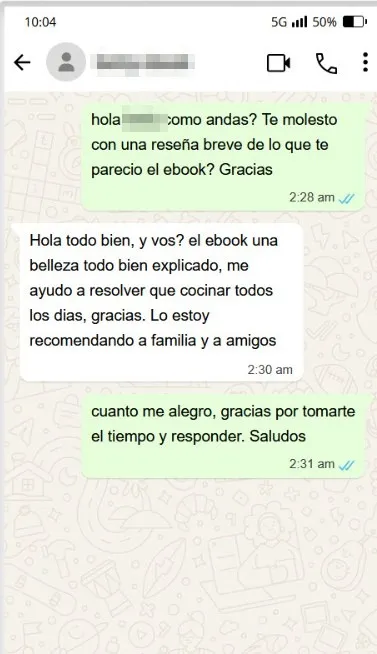 Mensaje de una persona que compró el recetario