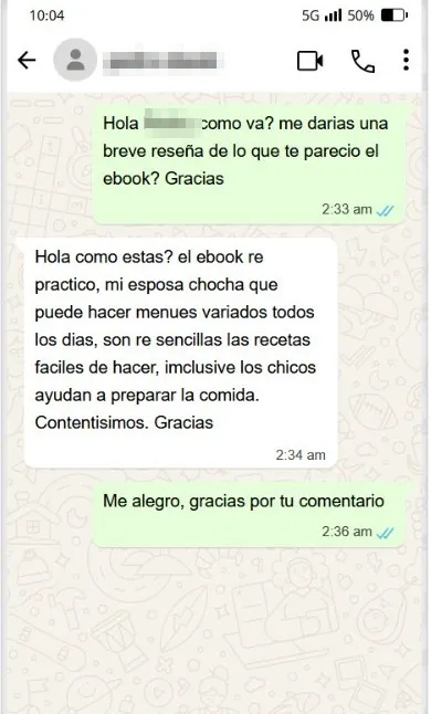 Mensaje de una persona que compró el recetario