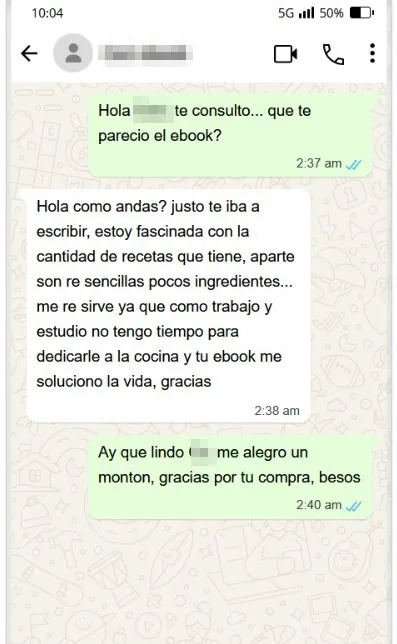 Mensaje de una persona que compró el recetario